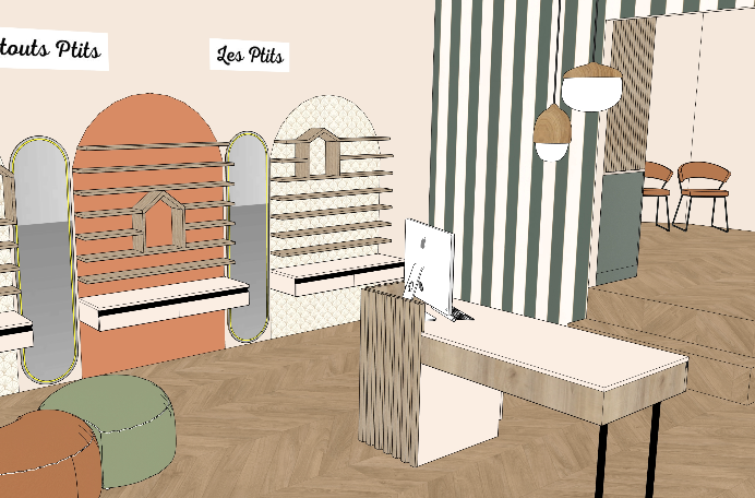 Boutique d’optique aménagée avec concept décoratif et projection 3D, réalisée par Marchand Décoration.